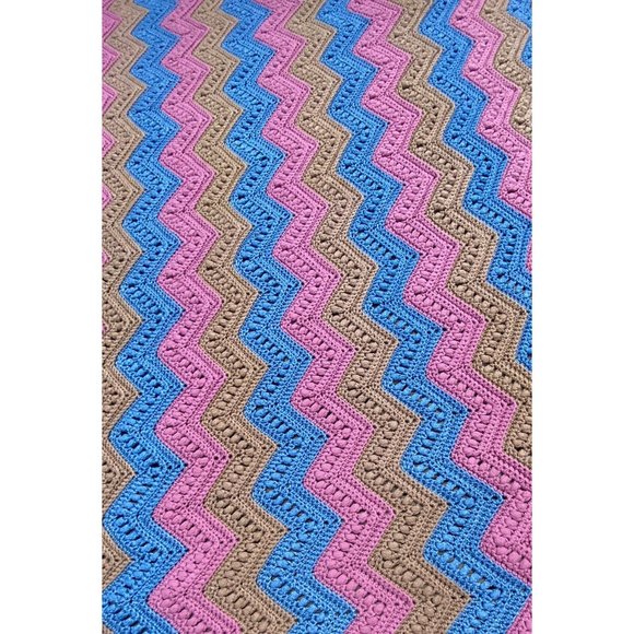 vintage chevron striped crochet afghan in shades of pink  Handmade Crochet Knitted Afghan Throw Blanket Chevron 70” x 63” Pink Blue Brown